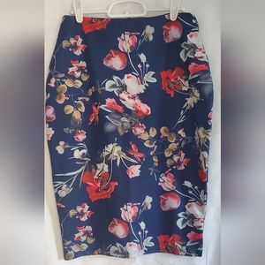 Womens Kate Kasin Blue Floral Stretch Back Zipper Closure and Slit Size Medium